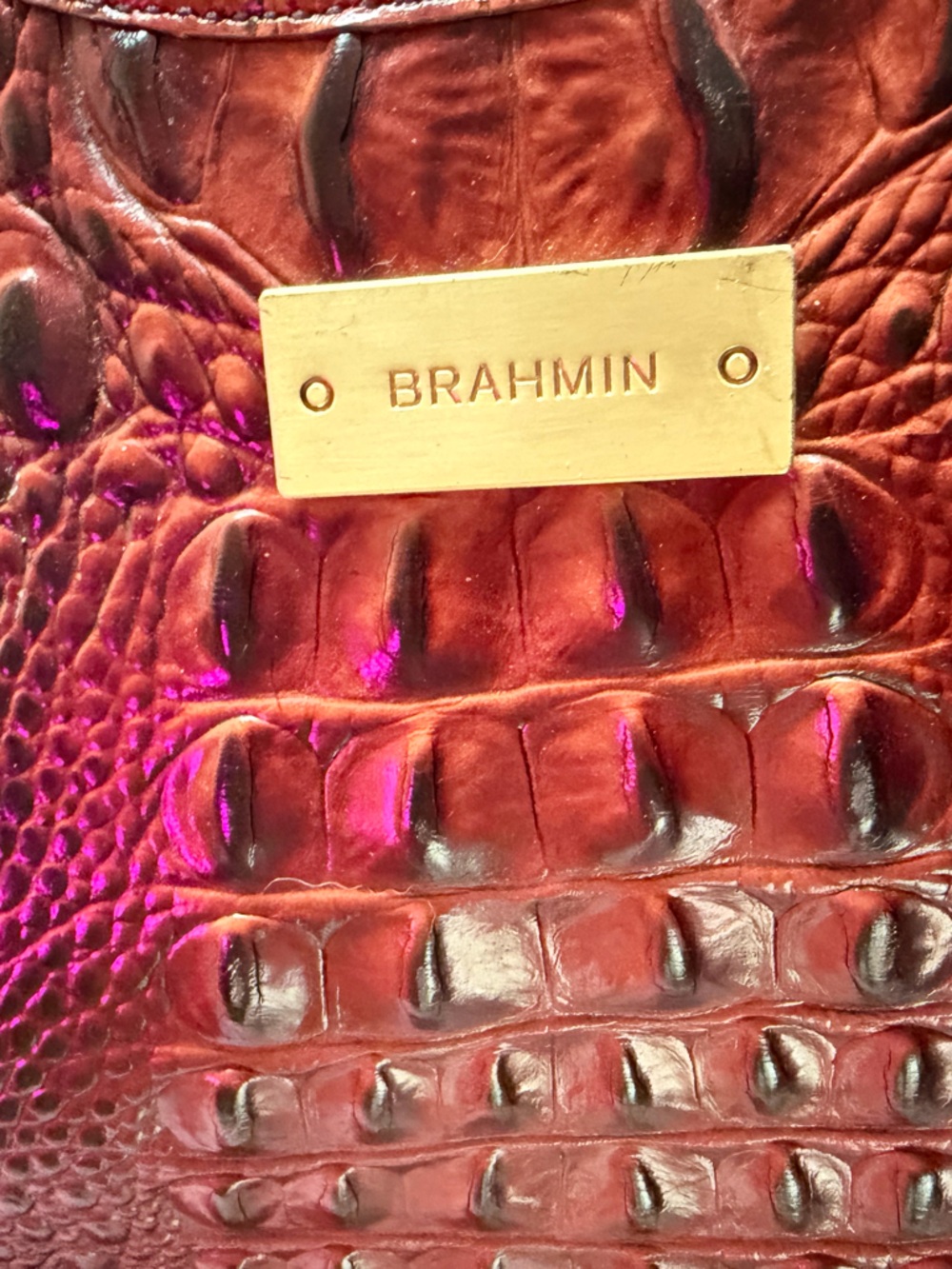 Brahmin Croc-Embossed Leather Tote in Cognac brown with Gold Plate - Picture 2 of 11